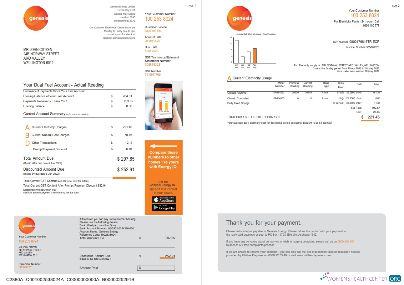 download New Zealand Genesis Gas utility bill template in Word and PDF format, 3 pages 1 PDF template